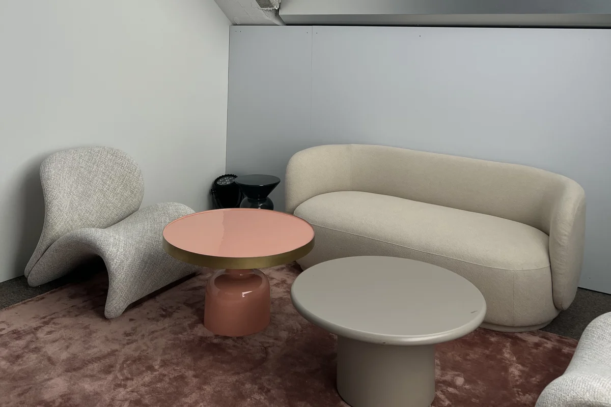 A quiet corner of the media room with a curved sofa, lounge chairs and low tables