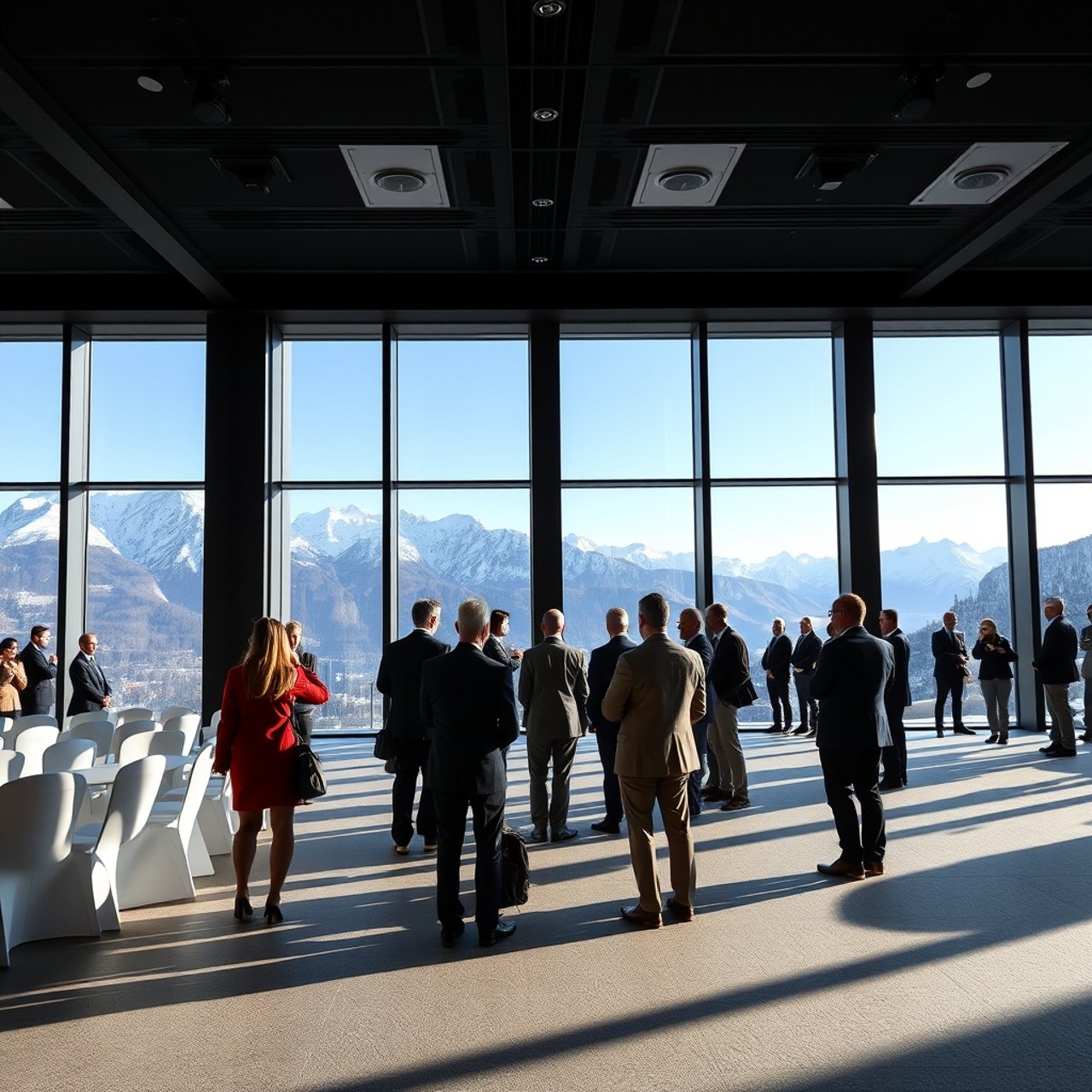 Guests gathered in the summit room with panoramic alpine views